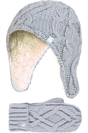 Heat Holders Wärmehalter - Mädchen Majestic Soft Cosy Kabel gestrickt Design Bobble Trapper Mütze und Handschuhe Handschuhe Set - Frost Grey