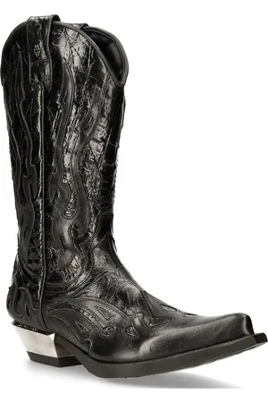 New Rock Flame Biker-Cowboystiefel aus schwarzem Leder mit Akzent – ​​M-7921-S1