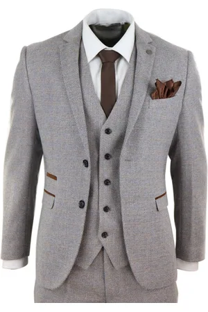 PAUL ANDREW 3-teiliger cremefarbener Tweed-Karo-Vintage-Retro-Herrenanzug