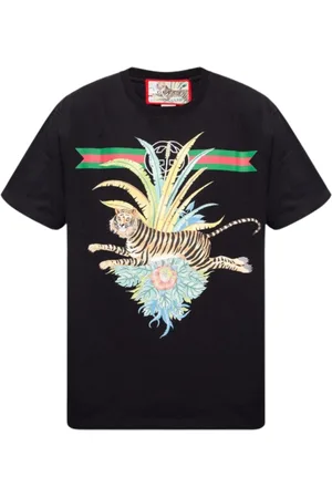 Gucci Flower Tiger Design Regular Fit Schwarzes T-Shirt
