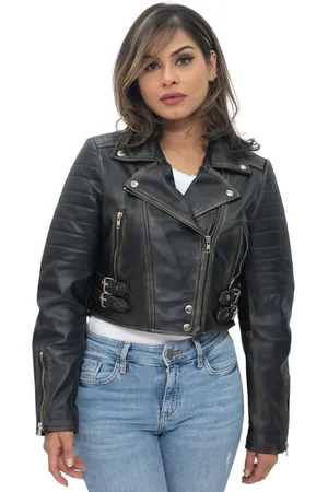 Infinity Kurz geschnittene Brando-Bikerjacke aus Leder für Damen – Damaskus