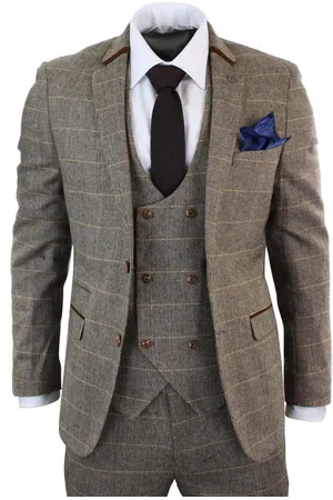 Infinity 3-teiliger Herrenanzug aus hellbraunem Tweed mit Fischgrätenmuster und Karomuster