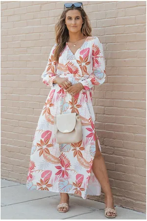 Azura Exchange Damen Maxi-Wickelkleid mit tropischem Pflanzen-Print in