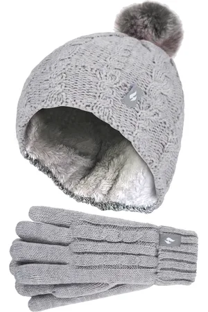 Heat Holders Wärmehalter - Set aus Bommelmütze und Handschuhen für Mädchen | Mütze mit umgeschlagener Manschette und Kabelstrickhandschuhe - Frostgrau meliert