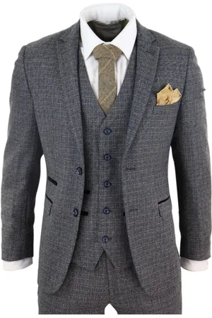 PAUL ANDREW 3-teiliger marineblauer Tweed-Karo-Vintage-Retro-Anzug für Herren