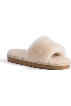 Aus Wooli Australia Damen Schafsfell Fluff Slide Pantoffeln Creme