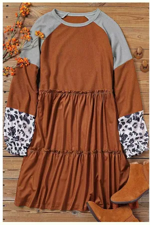 Azura Exchange Damen-Kleid mit Leoparden-Patchwork-Waffelstrick in
