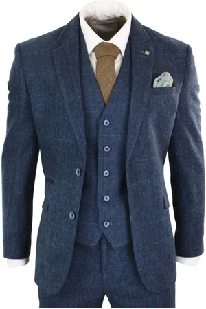 Infinity 3-teiliger klassischer Herrenanzug aus Tweed mit Fischgrätenmuster in Marineblau