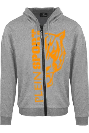 Philipp Plein Kapuzenpullover mit grossem orangefarbenem Logo und grauem Reissverschluss