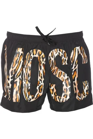 Moschino Schwarze kurze Badeshorts mit Leopardenmuster und Logo von