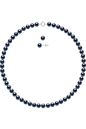 Diadema Set - Halskette/Ohrringe - Echte Süßwasserperlen - Schwarzer Tahitian Style - Weißgold