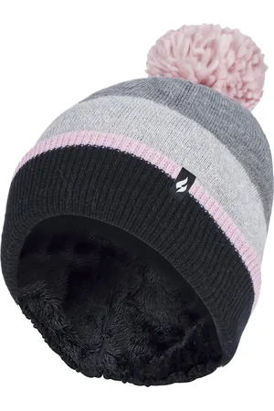 Heat Holders Ladies Warm Knit Fleece gefüttert Winter Warm Hat mit Pom Pom - Grau / Rosa