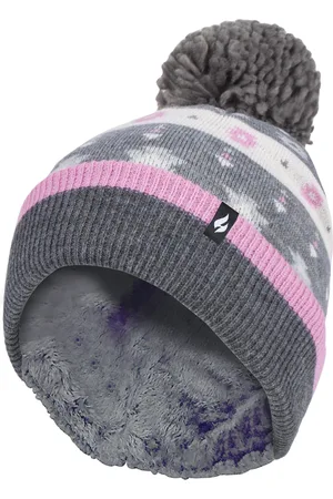 Heat Holders Ladies Warm Knit Fleece gefüttert Winter Warme Mütze mit Pom Pom - Pink / Grau