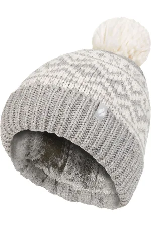 Heat Holders Gemusterte Damen-Turnover-Bommelmütze | Wärmehalter | Grober Zopfstrick mit Heatweaver-Fleece-Futter | Billingen Style - Hellgrau