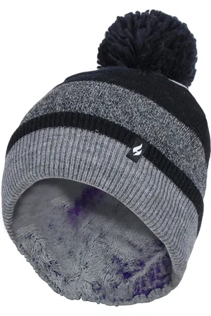 Heat Holders Ladies Warm Knit Fleece gefüttert Winter Warm Hat mit Pom Pom - Schwarz / Grau