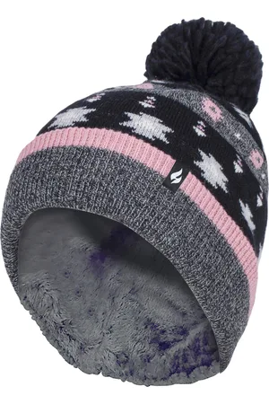 Heat Holders Ladies Warm Knit Fleece gefüttert Winter Warm Hat mit Pom Pom - Grau / Schwarz