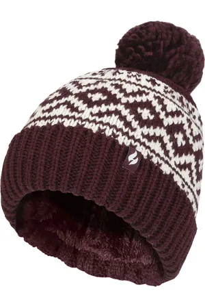 Heat Holders Gemusterte Damen-Turnover-Bommelmütze | Wärmehalter | Grober Zopfstrick mit Heatweaver-Fleece-Futter | Billingen Style - Wein