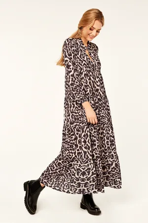 Gini London Schwarzes langärmeliges Maxikleid mit Tiermuster