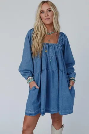 Azura Exchange Stufen-Denimkleid | Lässig | Bequem | Quadrat-Ausschnitt | Lange Ärmel