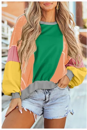 Azura Exchange Dunkelgrüner Farbblock-Patchwork-Top mit Sichtbarem Stich und Oversize-Schnitt