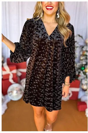 Azura Exchange Schwarzes Strukturiertes V-Ausschnitt Ballonärmel Samt Mini-Kleid