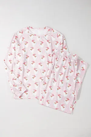Azura Exchange Pink Santa Claus Gestreifter Print Lockerer Zweiteiliger Lounge-Set