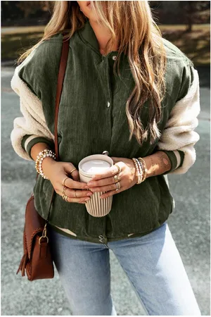 Azura Exchange Mist Grün Corduroy Fleece Patchwork Button-Up Bomberjacke