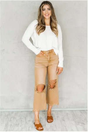 Azura Exchange Braune vernietete High-Waist Täschchen Schlagjeans