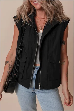Azura Exchange Schwarze Klappentaschen Zip-Up Stehkragenweste