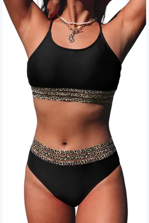 Azura Exchange Damen Leopard-Mesh-Bikini mit schwarzem Besatz