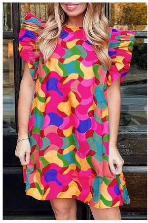 Azura Exchange Rote Abstrakte Druck Rüsche Ärmel Shift Kleid