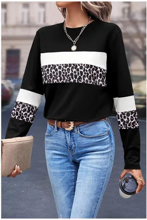 Azura Exchange Weißer Leopard Farbblock Patchwork Rundhalsausschnitt Langarmshirt