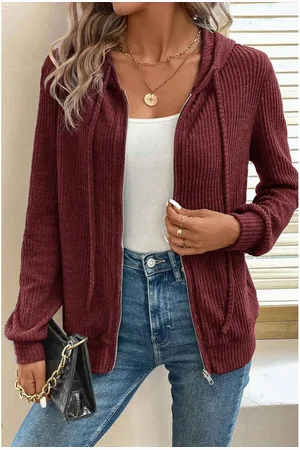 Azura Exchange Rote Dahlie Rippstrick Hoodie mit Reißverschluss und Kordelzug vorne