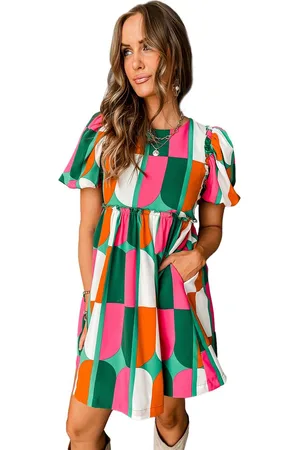 Azura Exchange Grüner Abstrakter Druck Puffärmel Kurzes Kleid