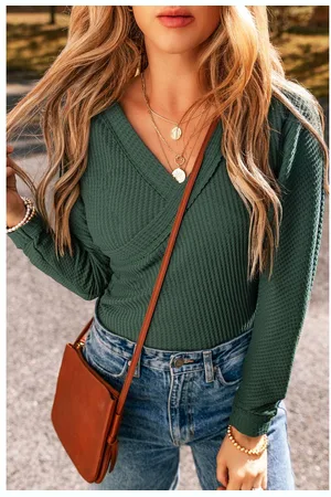 Azura Exchange Waffle Knit Cross-Front Langarmshirt in Waldgrün