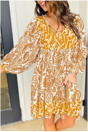 Azura Exchange Damen Senfgelb Blumendruck V-Ausschnitt Freizeitkleid