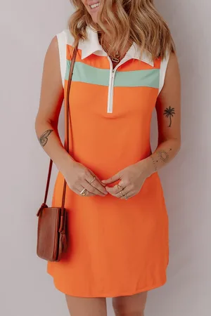 Azura Exchange Rotbraunes Farbblock ärmelloses Viertel-Zip Kragen Sportliches Mini-Kleid
