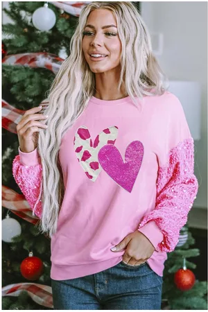 Azura Exchange Pink Valentinstag Herz Grafik Pailletten Patchwork Langarmoberteil