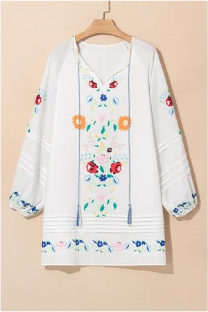 Azura Exchange Weißes Blumenmuster Boho Tüllband Split-Hals Raffung Puffärmel Minikleid