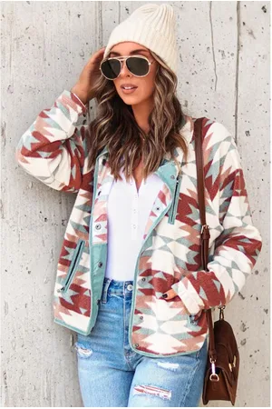 Azura Exchange Damen Western Azteken Fleecejacke mit knöpfbaren Reißverschlusstaschen in