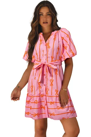 Azura Exchange Pink Bowknot Gestreifter Gedruckter Puffärmel Button-Down Gürtelt Mini-Kleid