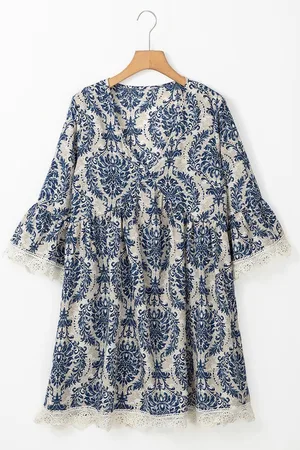 Azura Exchange Vintage Bedrucktes Spitzenbesatz V-Ausschnitt 3/4-Ärmel Lockeres Kleid