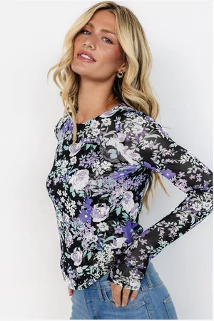 Azura Exchange Blumendruck Netz Enganliegendes Langarmshirt