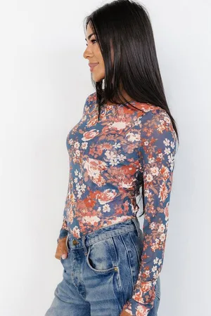 Azura Exchange Orchideenblatt Blumendruck Mesh Enges Langarmoberteil