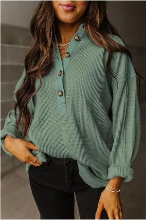 Azura Exchange Smoke Green Waffle Langarm-Kragen-Halbknopf-Lose Top