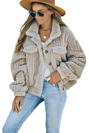 Azura Exchange Damen Einfarbige Plüsch-Fleece Button-Up Jacke in