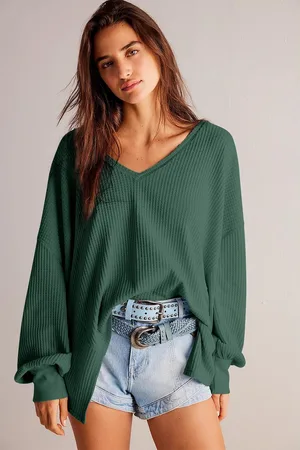 Azura Exchange Free People Gemütliches Thermo-Oberteil - Oversized Waffelstrick V-Ausschnitt Langarm-Sweatshirt für Frauen Free People Gemütliches Thermo-Oberteil - OversizeWaffelstrick V-Ausschnitt Langarm-Sweatshirt für Frauen Forest Free People Damen G