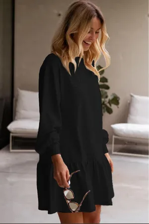 Azura Exchange Schwarzes Einfarbiges Puffärmel-Rüschensaum Mini-Kleid