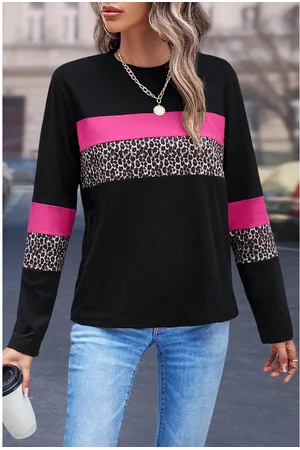 Azura Exchange Rosa Leopard Farbblock Patchwork Rundhals Langarmshirt