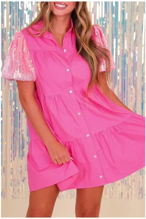Azura Exchange Bonbon Pailletten Puffärmel Schichtkleid mit Rüschen